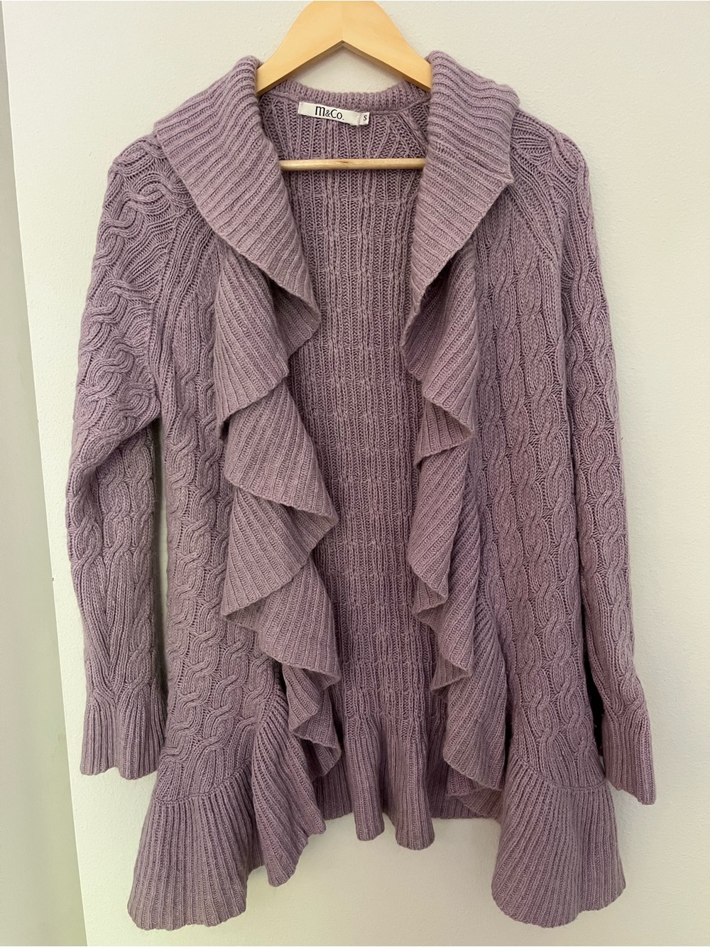 M&C0 Lavender Cable Knit Ruffle Cardigan Sweater pretty!